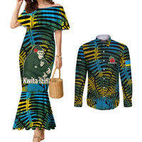 Rwanda Couples Matching Mermaid Dress and Long Sleeve Button Shirt with Gorilla Family Kwita Izina Leaf Jungle Spirit