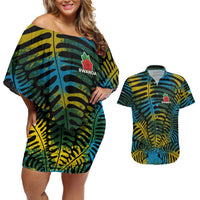 Rwanda Couples Matching Off Shoulder Short Dress and Hawaiian Shirt with Gorilla Family Kwita Izina Leaf Jungle Spirit