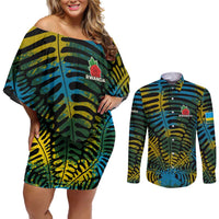 Rwanda Couples Matching Off Shoulder Short Dress and Long Sleeve Button Shirt with Gorilla Family Kwita Izina Leaf Jungle Spirit