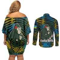 Rwanda Couples Matching Off Shoulder Short Dress and Long Sleeve Button Shirt with Gorilla Family Kwita Izina Leaf Jungle Spirit