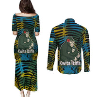 Rwanda Couples Matching Puletasi and Long Sleeve Button Shirt with Gorilla Family Kwita Izina Leaf Jungle Spirit