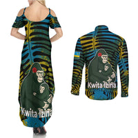 Rwanda Couples Matching Summer Maxi Dress and Long Sleeve Button Shirt with Gorilla Family Kwita Izina Leaf Jungle Spirit
