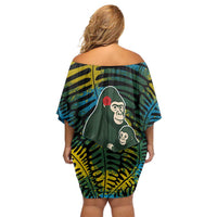 Rwanda Off Shoulder Short Dress with Gorilla Family Kwita Izina Leaf Jungle Spirit