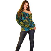 Rwanda Off Shoulder Sweater with Gorilla Family Kwita Izina Leaf Jungle Spirit