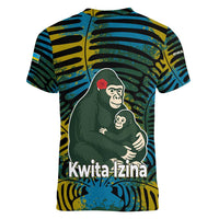 Rwanda Women V-Neck T-Shirt with Gorilla Family Kwita Izina Leaf Jungle Spirit