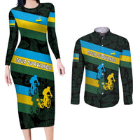 Rwanda Couples Matching Long Sleeve Bodycon Dress and Long Sleeve Button Shirt with Tour du Rwanda Cycling Race Flag Stripe Spirit