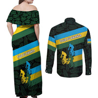 Rwanda Couples Matching Off Shoulder Maxi Dress and Long Sleeve Button Shirt with Tour du Rwanda Cycling Race Flag Stripe Spirit