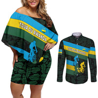 Rwanda Couples Matching Off Shoulder Short Dress and Long Sleeve Button Shirt with Tour du Rwanda Cycling Race Flag Stripe Spirit