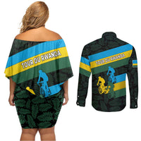 Rwanda Couples Matching Off Shoulder Short Dress and Long Sleeve Button Shirt with Tour du Rwanda Cycling Race Flag Stripe Spirit