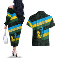 Rwanda Couples Matching Off The Shoulder Long Sleeve Dress and Hawaiian Shirt with Tour du Rwanda Cycling Race Flag Stripe Spirit
