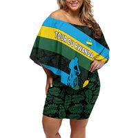 Rwanda Off Shoulder Short Dress with Tour du Rwanda Cycling Race Flag Stripe Spirit