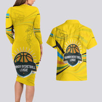 Rwanda Couples Matching Long Sleeve Bodycon Dress and Hawaiian Shirt with Basketball League Court Hoop Yellow Wave Spirit