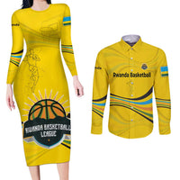 Rwanda Couples Matching Long Sleeve Bodycon Dress and Long Sleeve Button Shirt with Basketball League Court Hoop Yellow Wave Spirit