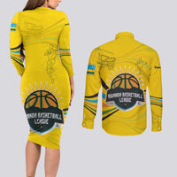 Rwanda Couples Matching Long Sleeve Bodycon Dress and Long Sleeve Button Shirt with Basketball League Court Hoop Yellow Wave Spirit