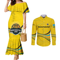 Rwanda Couples Matching Mermaid Dress and Long Sleeve Button Shirt with Basketball League Court Hoop Yellow Wave Spirit