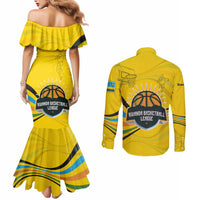 Rwanda Couples Matching Mermaid Dress and Long Sleeve Button Shirt with Basketball League Court Hoop Yellow Wave Spirit