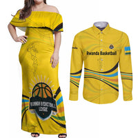 Rwanda Couples Matching Off Shoulder Maxi Dress and Long Sleeve Button Shirt with Basketball League Court Hoop Yellow Wave Spirit
