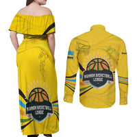 Rwanda Couples Matching Off Shoulder Maxi Dress and Long Sleeve Button Shirt with Basketball League Court Hoop Yellow Wave Spirit
