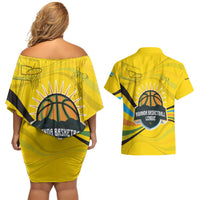 Rwanda Couples Matching Off Shoulder Short Dress and Hawaiian Shirt with Basketball League Court Hoop Yellow Wave Spirit