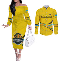 Rwanda Couples Matching Off The Shoulder Long Sleeve Dress and Long Sleeve Button Shirt with Basketball League Court Hoop Yellow Wave Spirit