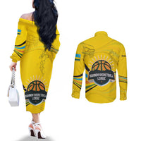 Rwanda Couples Matching Off The Shoulder Long Sleeve Dress and Long Sleeve Button Shirt with Basketball League Court Hoop Yellow Wave Spirit