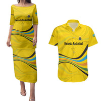 Rwanda Couples Matching Puletasi and Hawaiian Shirt with Basketball League Court Hoop Yellow Wave Spirit