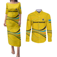 Rwanda Couples Matching Puletasi and Long Sleeve Button Shirt with Basketball League Court Hoop Yellow Wave Spirit