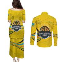 Rwanda Couples Matching Puletasi and Long Sleeve Button Shirt with Basketball League Court Hoop Yellow Wave Spirit