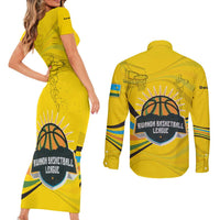 Rwanda Couples Matching Short Sleeve Bodycon Dress and Long Sleeve Button Shirt with Basketball League Court Hoop Yellow Wave Spirit