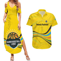 Rwanda Couples Matching Summer Maxi Dress and Hawaiian Shirt with Basketball League Court Hoop Yellow Wave Spirit