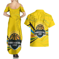 Rwanda Couples Matching Summer Maxi Dress and Hawaiian Shirt with Basketball League Court Hoop Yellow Wave Spirit