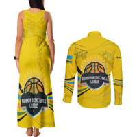 Rwanda Couples Matching Tank Maxi Dress and Long Sleeve Button Shirt with Basketball League Court Hoop Yellow Wave Spirit