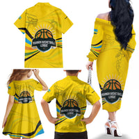 Rwanda Family Matching Off The Shoulder Long Sleeve Dress and Hawaiian Shirt with Basketball League Court Hoop Yellow Wave Spirit