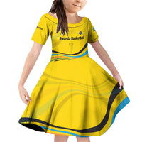 Rwanda Family Matching Off Shoulder Short Dress and Hawaiian Shirt with Basketball League Court Hoop Yellow Wave Spirit