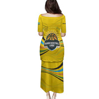 Rwanda Family Matching Puletasi and Hawaiian Shirt with Basketball League Court Hoop Yellow Wave Spirit