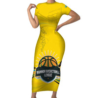 Rwanda Family Matching Short Sleeve Bodycon Dress and Hawaiian Shirt with Basketball League Court Hoop Yellow Wave Spirit