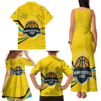 Rwanda Family Matching Tank Maxi Dress and Hawaiian Shirt with Basketball League Court Hoop Yellow Wave Spirit