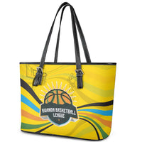 Rwanda Leather Tote Bag with Basketball League Court Hoop Yellow Wave Spirit