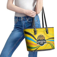 Rwanda Leather Tote Bag with Basketball League Court Hoop Yellow Wave Spirit