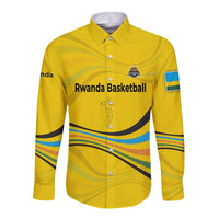 Rwanda Long Sleeve Button Shirt with Basketball League Court Hoop Yellow Wave Spirit
