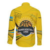 Rwanda Long Sleeve Button Shirt with Basketball League Court Hoop Yellow Wave Spirit