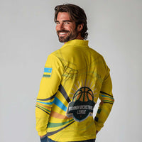 Rwanda Long Sleeve Polo Shirt with Basketball League Court Hoop Yellow Wave Spirit
