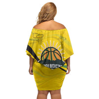 Rwanda Off Shoulder Short Dress with Basketball League Court Hoop Yellow Wave Spirit