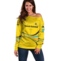 Rwanda Off Shoulder Sweater with Basketball League Court Hoop Yellow Wave Spirit