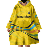 Rwanda Wearable Blanket Hoodie with Basketball League Court Hoop Yellow Wave Spirit