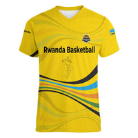 Rwanda Women V-Neck T-Shirt with Basketball League Court Hoop Yellow Wave Spirit