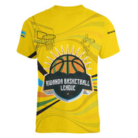 Rwanda Women V-Neck T-Shirt with Basketball League Court Hoop Yellow Wave Spirit