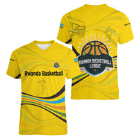 Rwanda Women V-Neck T-Shirt with Basketball League Court Hoop Yellow Wave Spirit