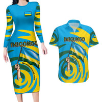 Rwanda Couples Matching Long Sleeve Bodycon Dress and Hawaiian Shirt with Imigongo Spiraling Flag Hand Wave Time Spirit