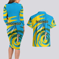 Rwanda Couples Matching Long Sleeve Bodycon Dress and Hawaiian Shirt with Imigongo Spiraling Flag Hand Wave Time Spirit